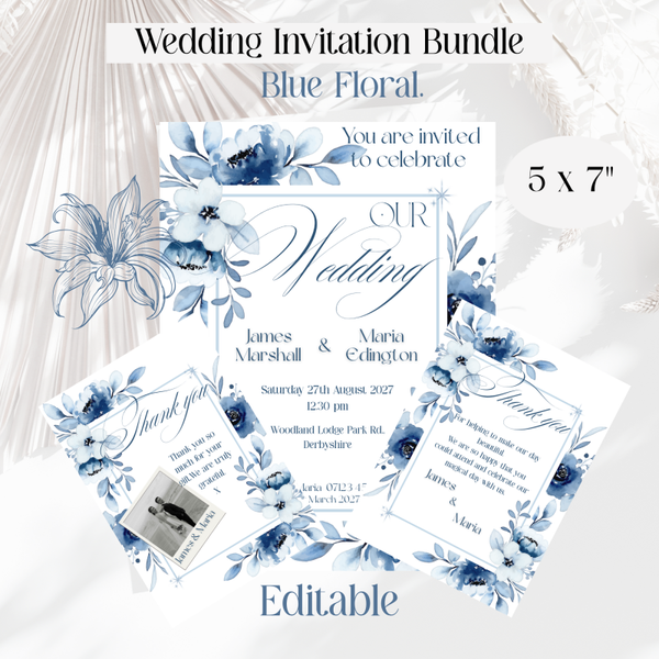 Digital Floral Wedding Invitation Bundle. Blue Floral Invite.