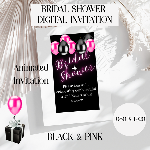 Digital Bridal Shower Animated Pink/Black Wedding Invitation Bundle.
