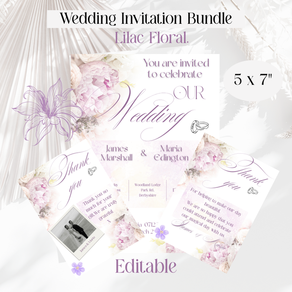 Digital Floral Wedding Invitation Bundle. Lilac Floral Invite.
