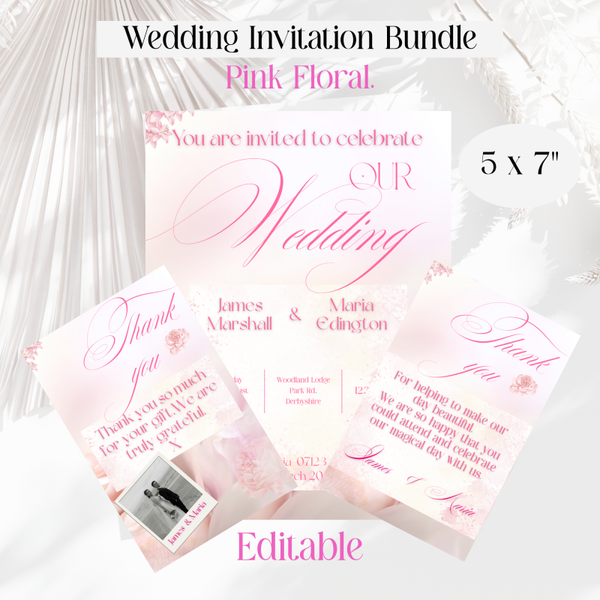 Digital Floral Wedding Invitation Bundle. Pink Floral Invite.