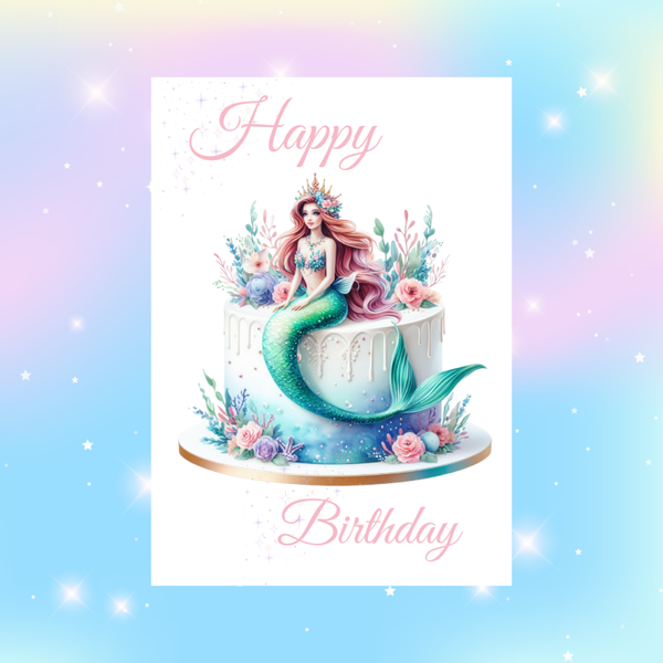 "Red haired" Mermaid on a cake. Happy Birthday card