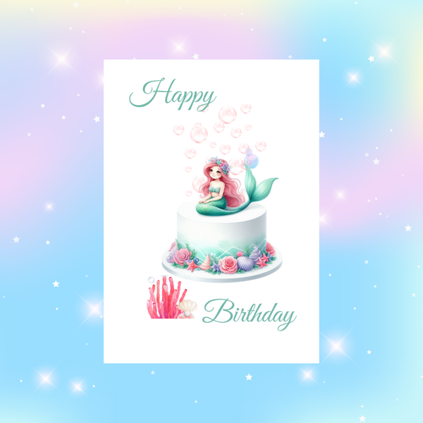 Tiny "Red haired" Mermaid Happy Birthday card