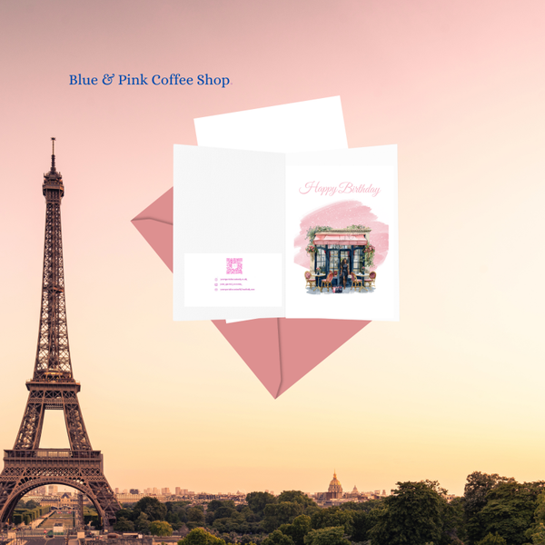 Pink & Blue Coffee Shop Greetings Card.