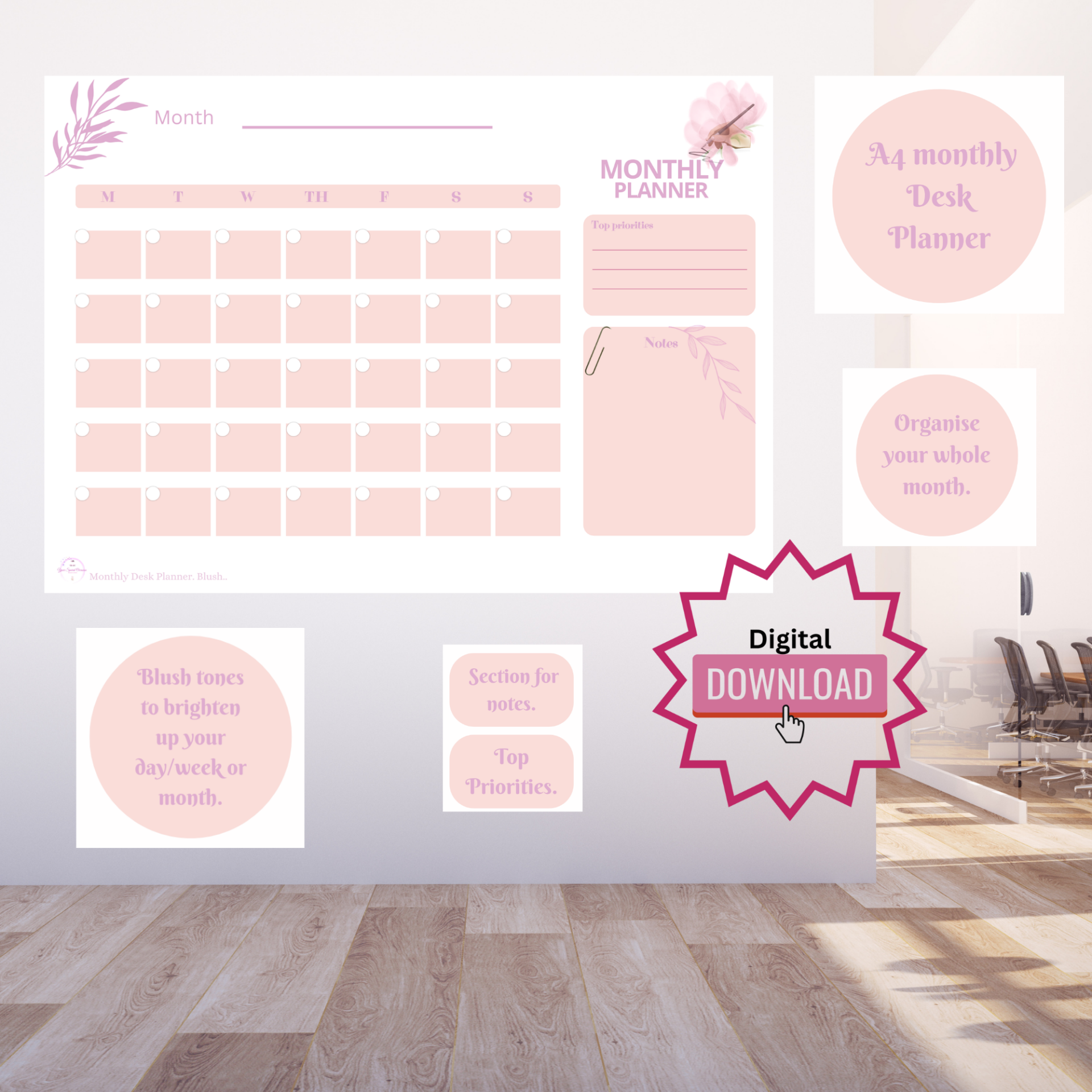 Digital monthly desk planner sheet. Blush. A4