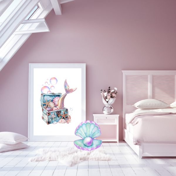 Mermaid tail, blue treasure chest. Print