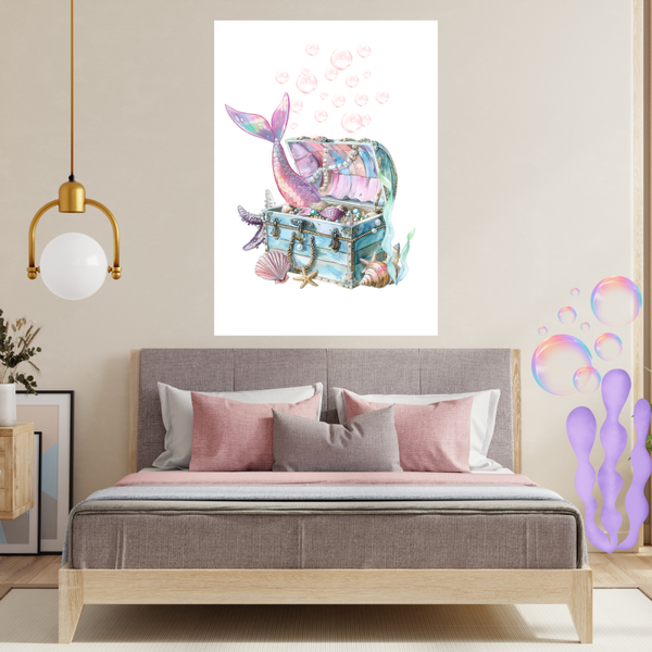 Mermaid tail, pearl treasure chest. Print
