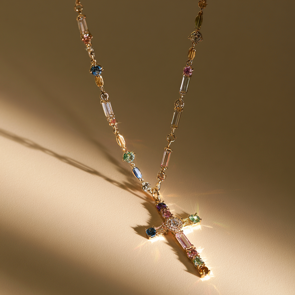 Rainbow Gemstone Cross Pendant Necklace