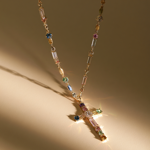 Rainbow Gemstone Cross Pendant Necklace