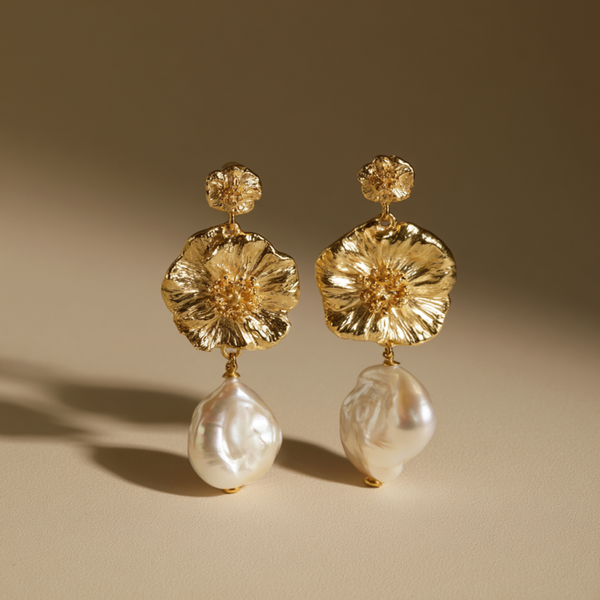 Floral Textured Drop Earrings with Baroque Pearl