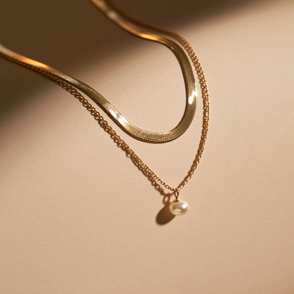Herringbone & Pearl Layer Necklace