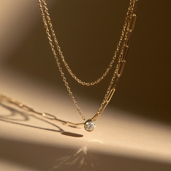 Paperclip & Cable Layer Necklace with Solitaire