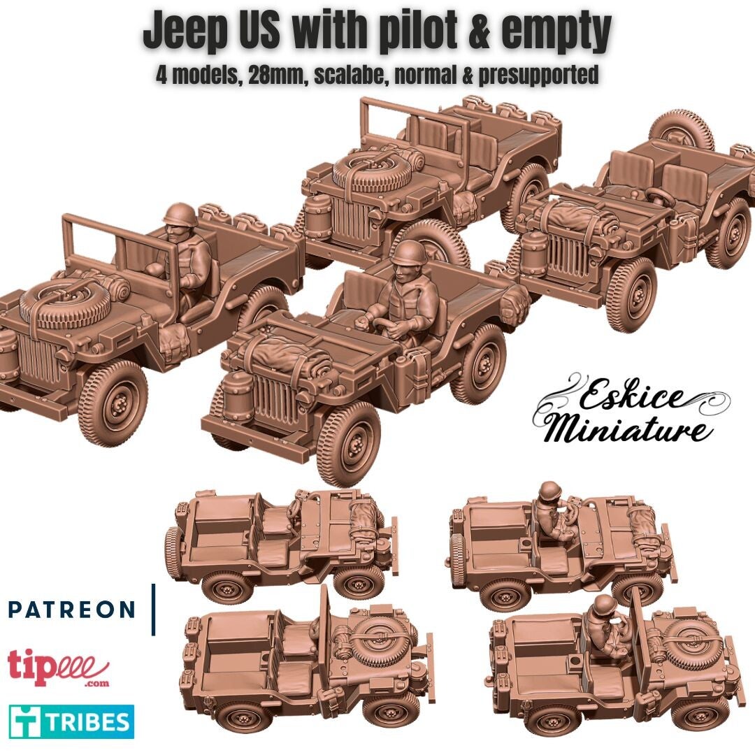 WW II - Américains - Jeep US WW2 with pilot or empty - 28mm - Eskice Miniature