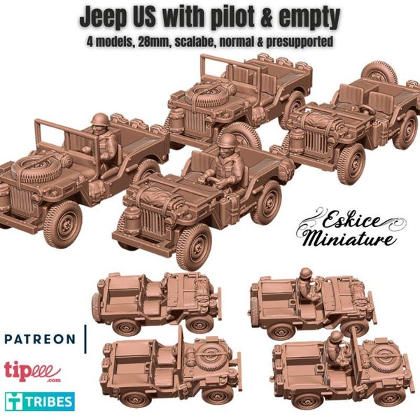 WW II - Américains - Jeep US WW2 with pilot or empty - 28mm - Eskice Miniature