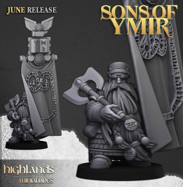 TOW - Sons of Ymir - Dwarf Lord with Battle Banner - Highlands Miniatures