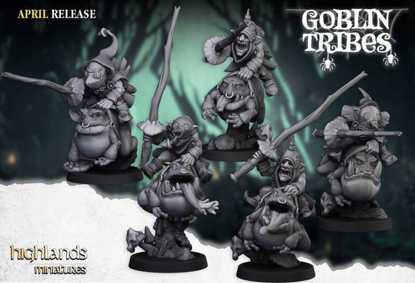 TOW - Orques & Gobelins - Swamp Goblins Frog Riders With Sticks - Highlands Miniatures