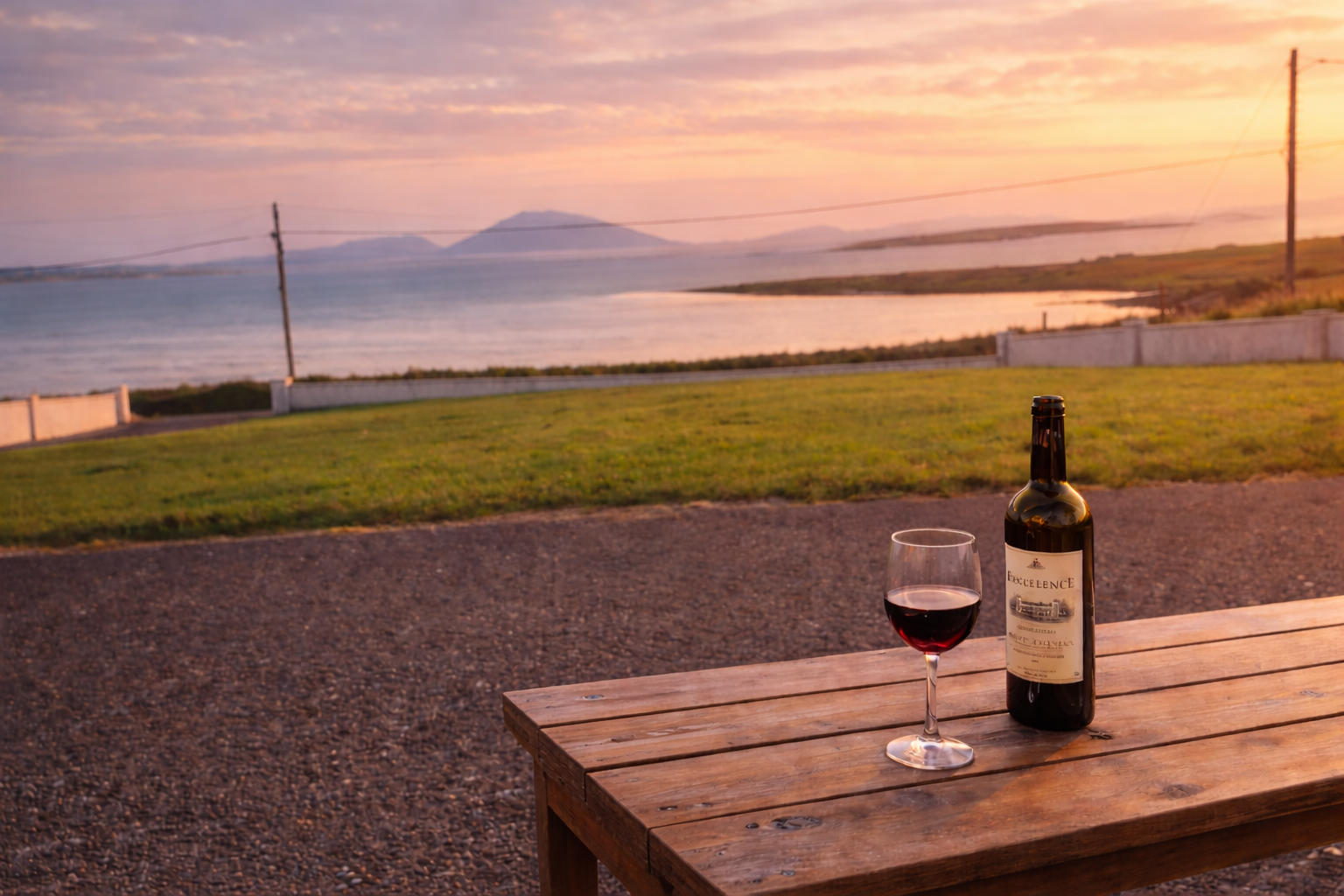 Outdoor seating area with wine overlooking coastal views towards Achill Island at sunset, Belmullet holiday home
