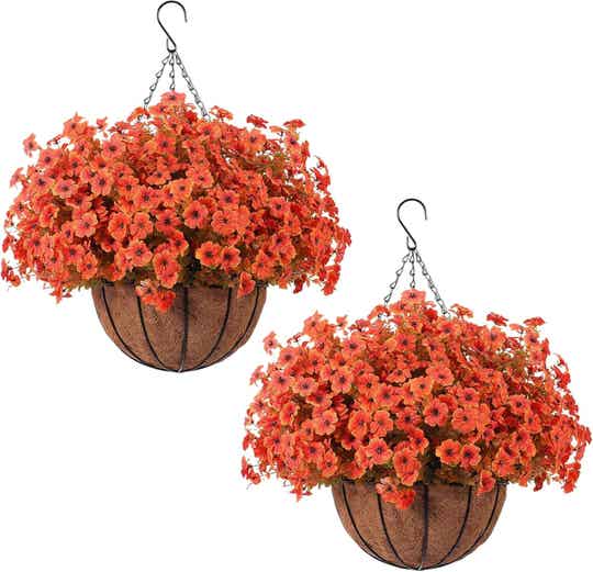 2 hanging baskets with artificial mums