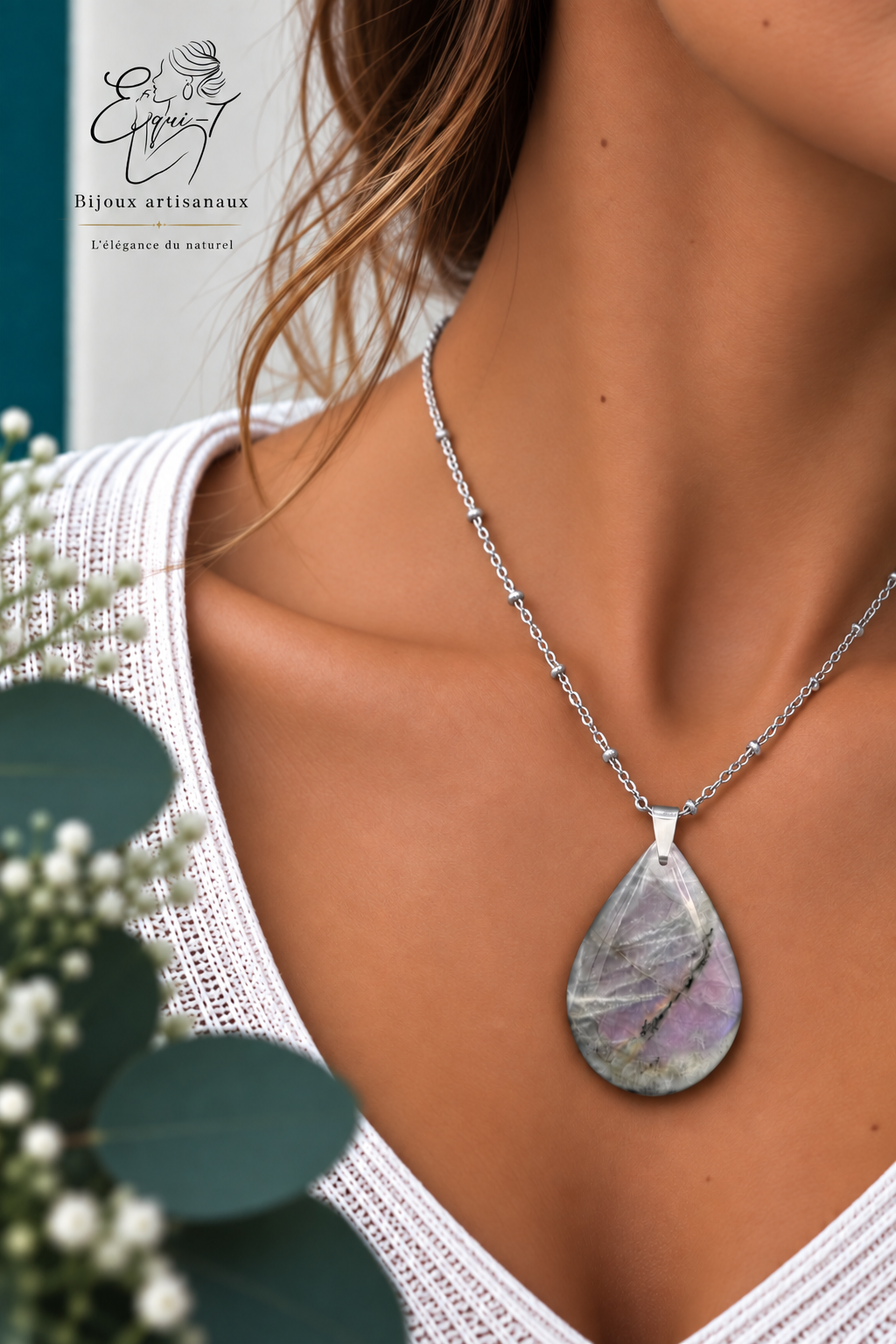 Collier argenté pierre Labradorite AA+
