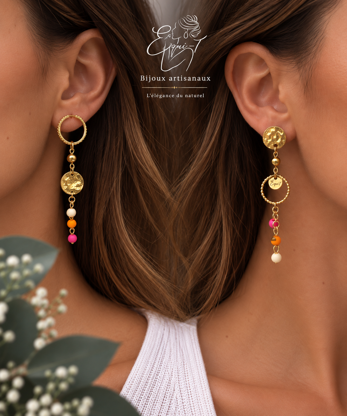 Boucles d'oreilles dorées / fuschia et corail