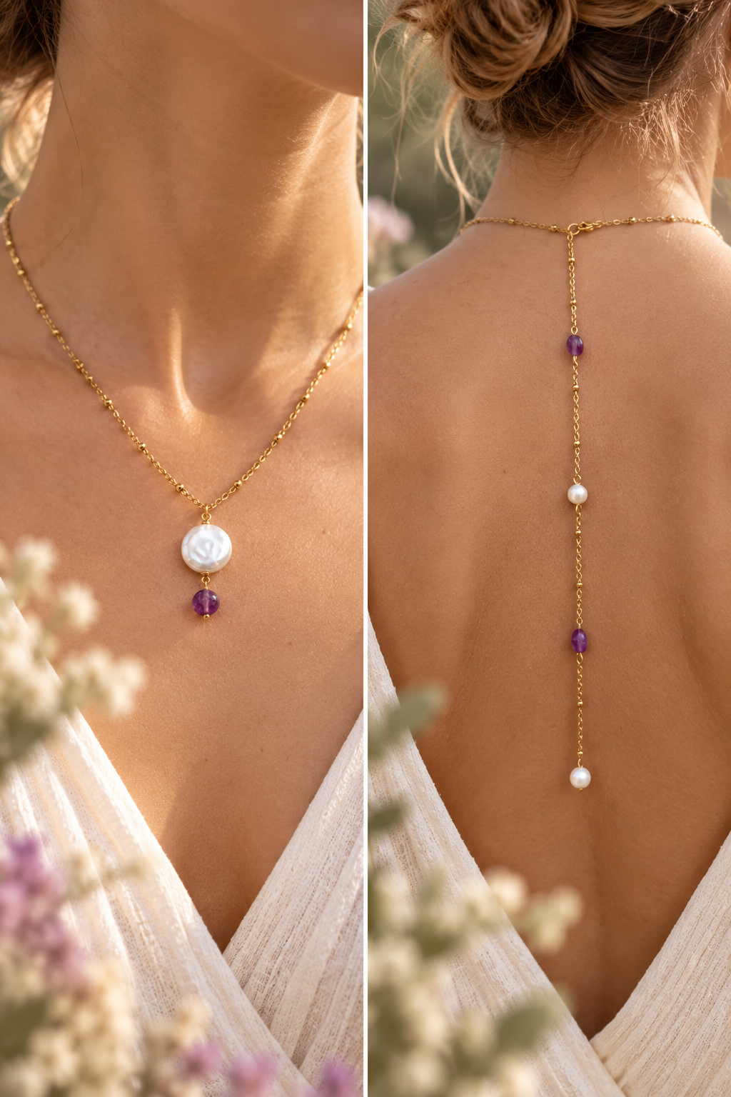 Collier avec bijou de dos améthyste / perles d'eau douce