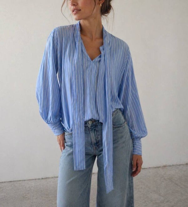 Sky Blue Striped Tie Blouse