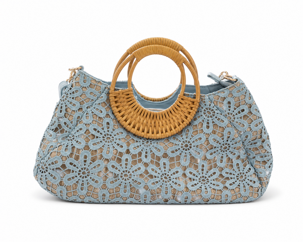 Woven Lace Handbag with Bamboo Handles – Light Bluw