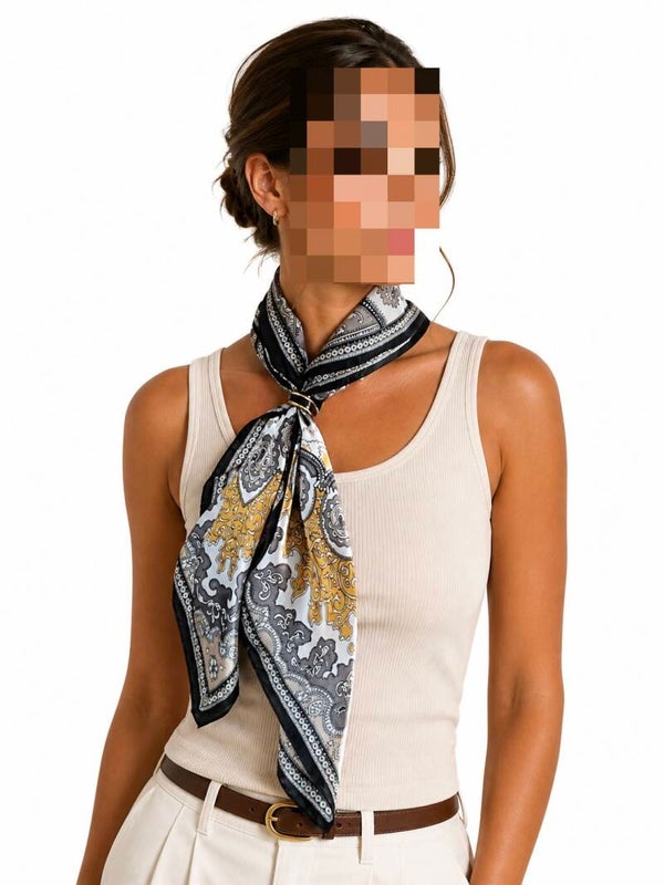 Elegant Silk Scarf with Paisley Print – Black, Gold & White