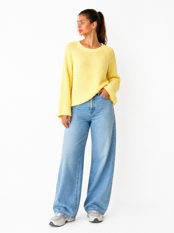 Gele Structuur Sweater met Wijde Mouwen