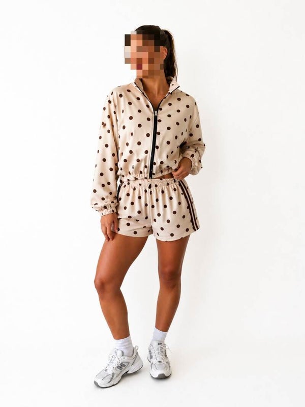 Beige Polkadot Lounge Set met Ritsjack & Short