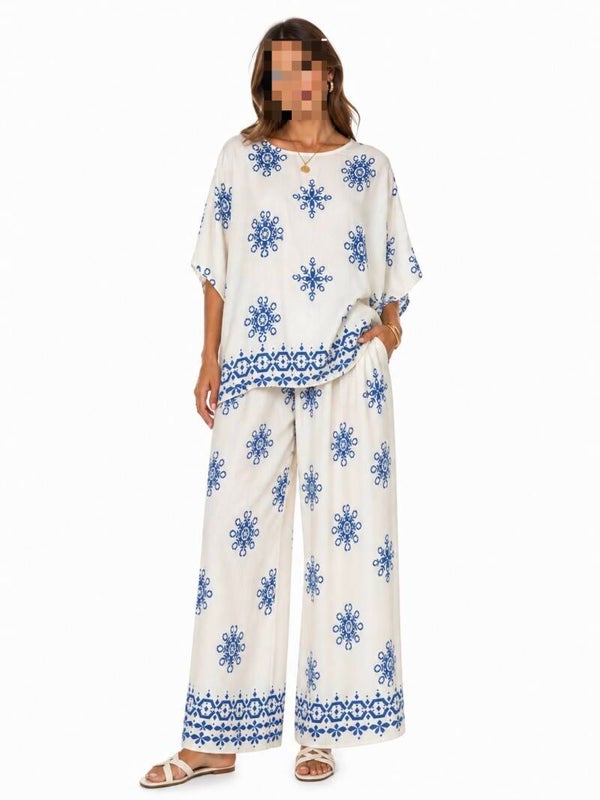 Blue Print Relaxed Co-Ord Set – Flow Top & Wide-Leg Pants