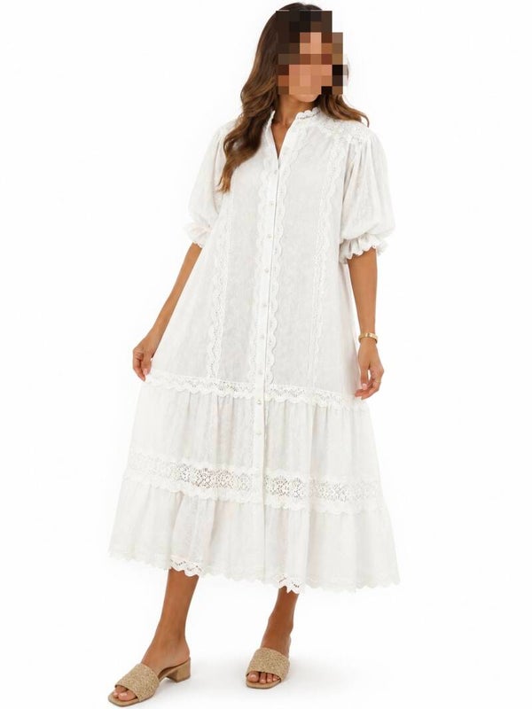Elegant Midi Dress with Lace Details – White