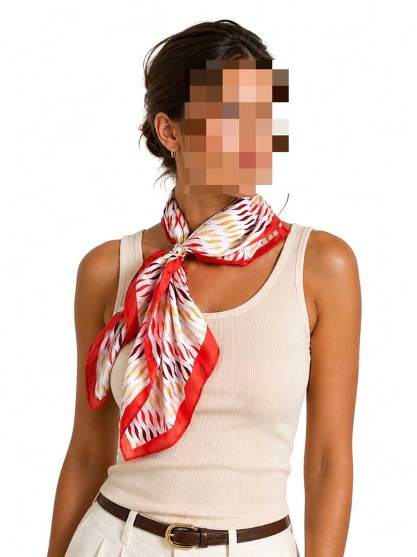 Elegant Silk Scarf with Graphic Print – Red, Gold & White