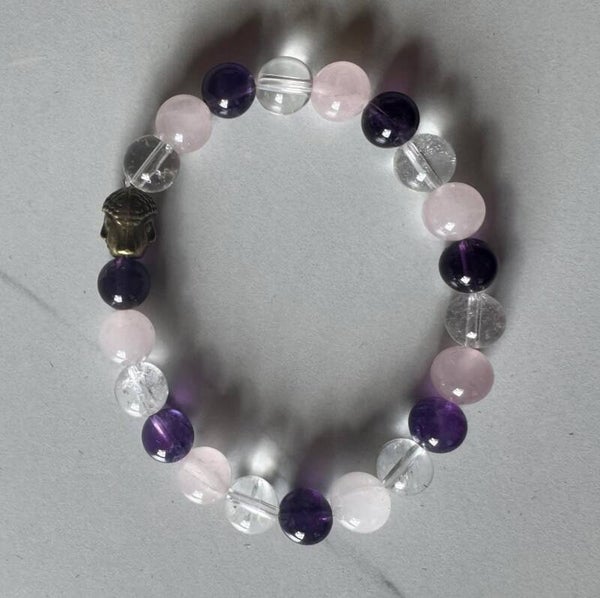 BRACELET AMETHYSTE, CRISTAL DE ROCHE ET QUARTZ ROSE