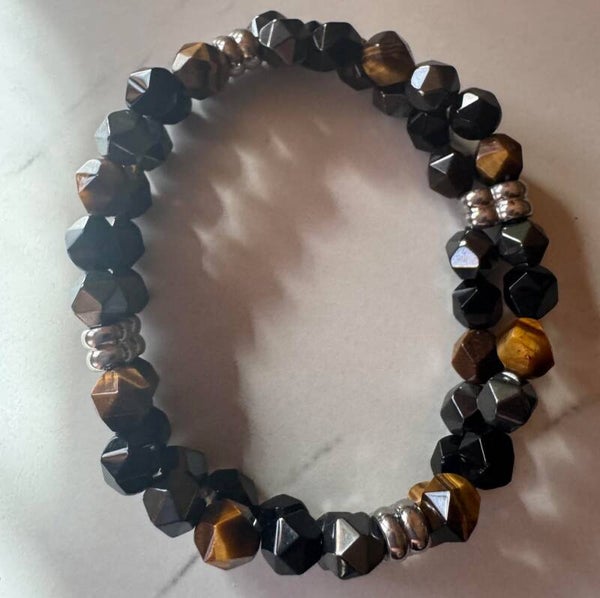 BRACELET DOUBLE HEMATITE, AGATE NOIRE ET OEIL DE TIGRE