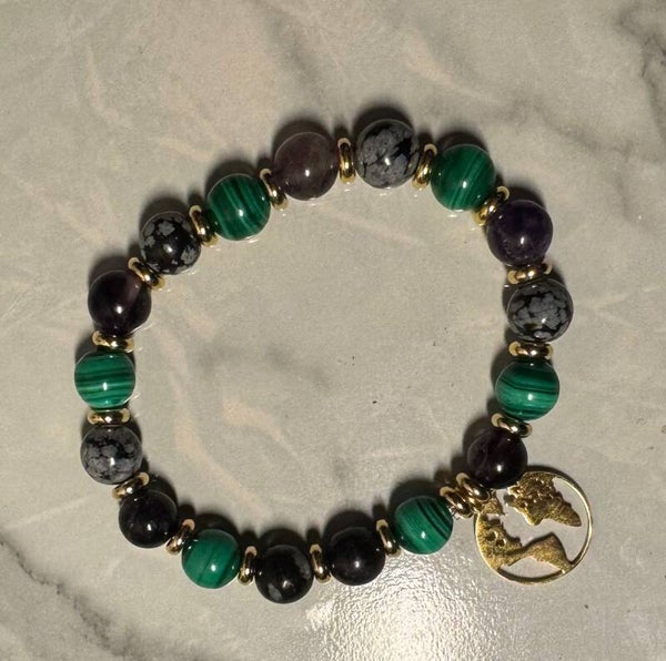 BRACELET FLUORITE, MALACHITE ET OBSIDIENNE MOUCHETEE