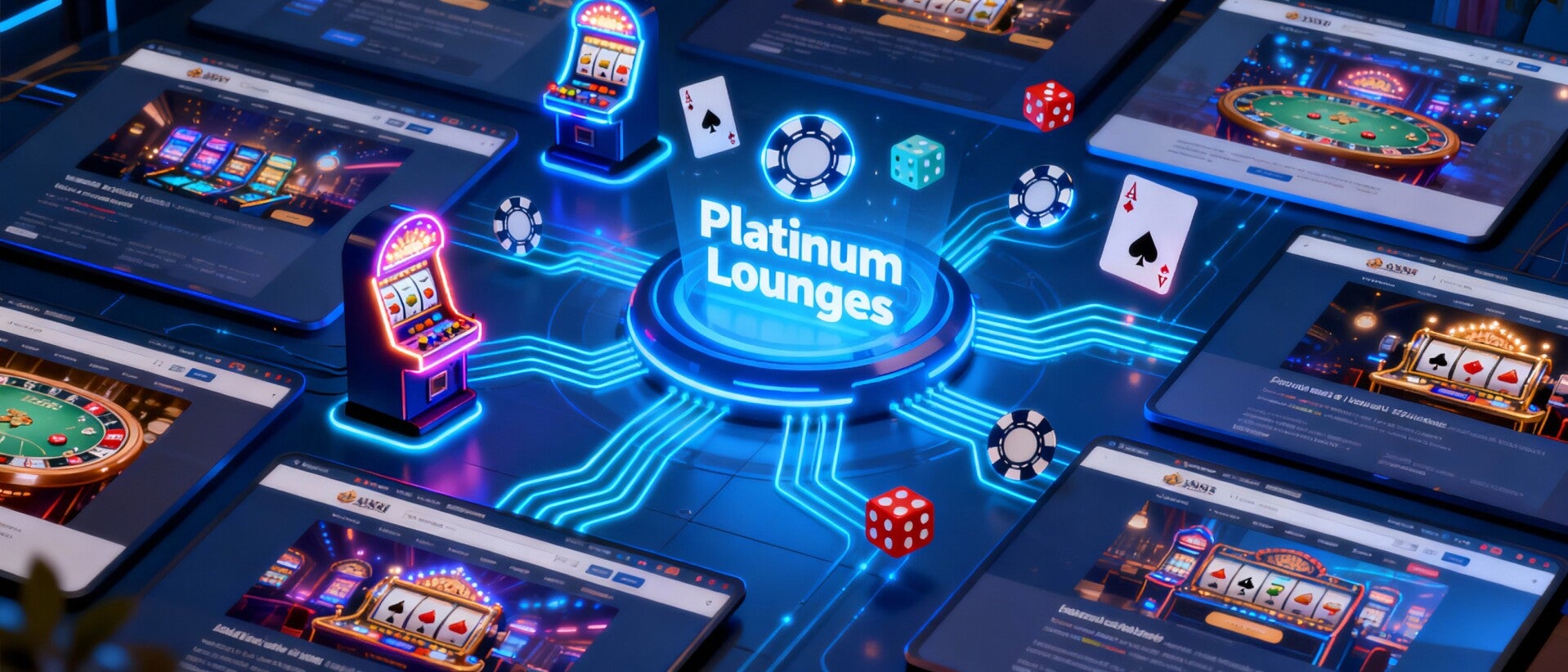 Digital illustration of various casino-themed websites and tablet screens interconnected by neon blue lines, surrounding the 3D 'Platinum Lounges' logo at the center. Slot machines, poker chips, dice, and playing cards enhance the vibrant online casino