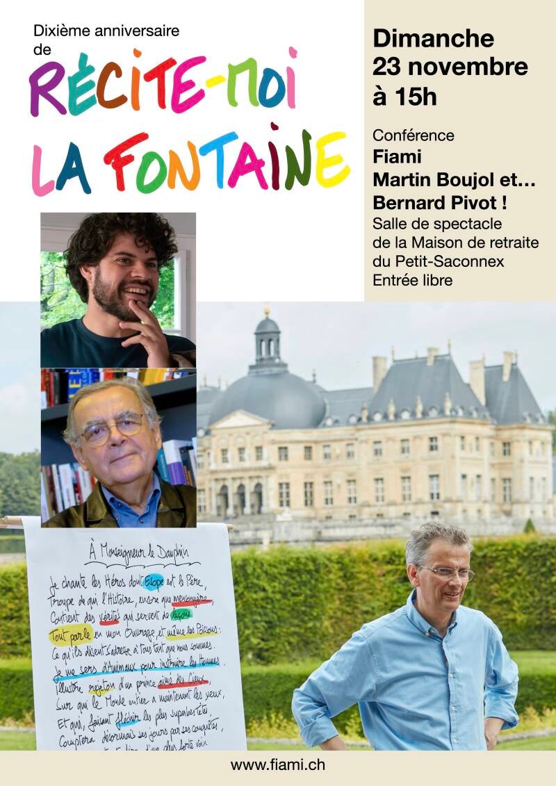 Affiche de la conférence de dixième anniversaire de la série Récite-moi La Fontaine. Fiami invite Martin Boujol et… Bernard Pivot!