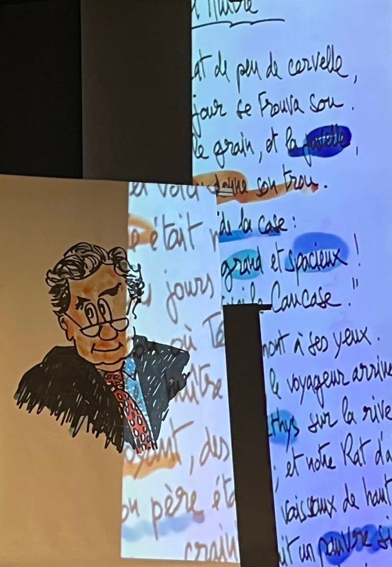 Bernard Pivot dessiné par Fiami avec en surimpressison des mots d'une fable de La Fontaine