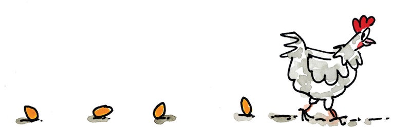 4 oeufs d'or sont posés avec le même écart derrière une poule qui avance.