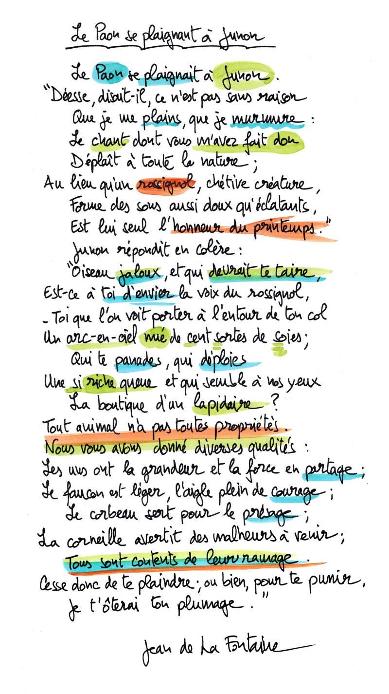 La fable manuscrite et coloriée par Fiami. Les couleurs sont n'ont aucune signification. Elles sont utilisées uniquement pour chatouiller les yeux.
