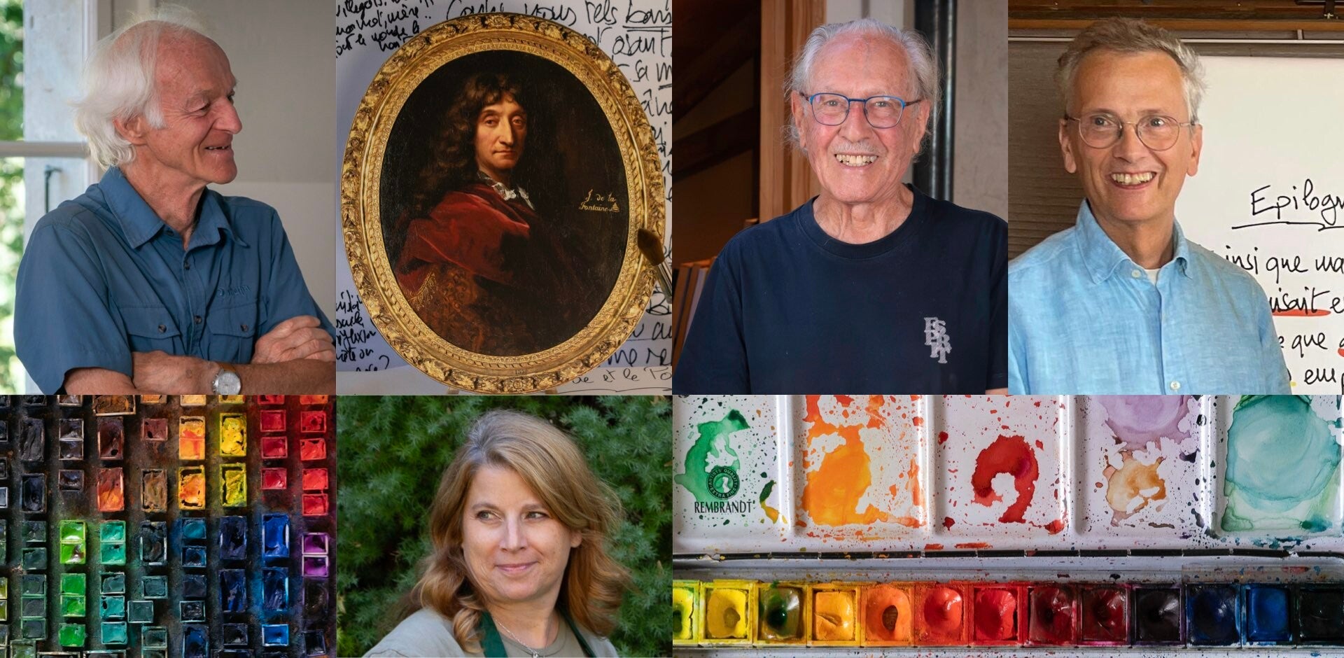 Récite-moi La Fontaine 7 avec des portiats d'Ernst Zürcher, de Jean de La Fontaine, d'Aloys Perregaux, de Fiami et de  Nathalie Devanthey  encadré par des godets d'aquarelle.
