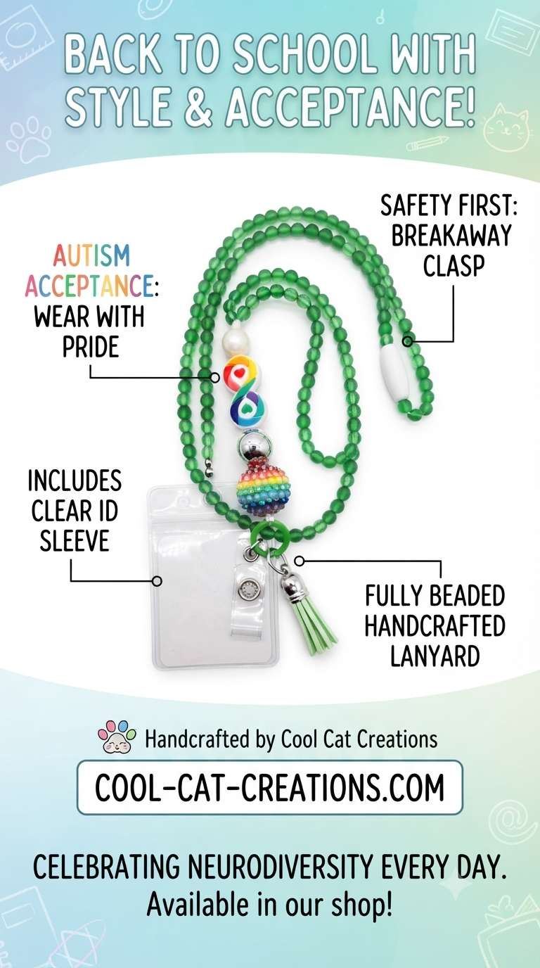 Handcrafted Autism Acceptance Beaded Lanyard with ID Sleeve & Breakaway Clasp