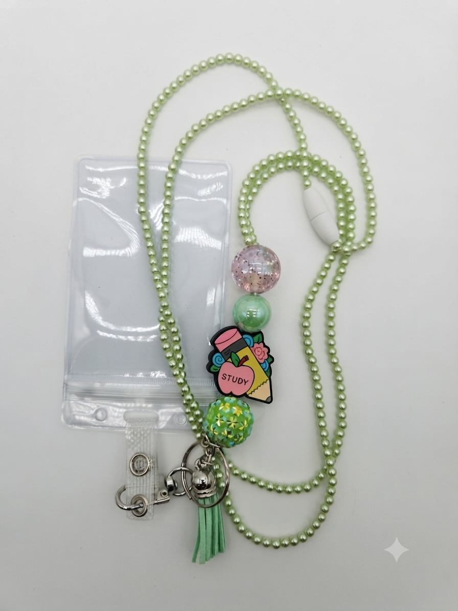 Back to School Fully Beaded Lanyard with ID Holder