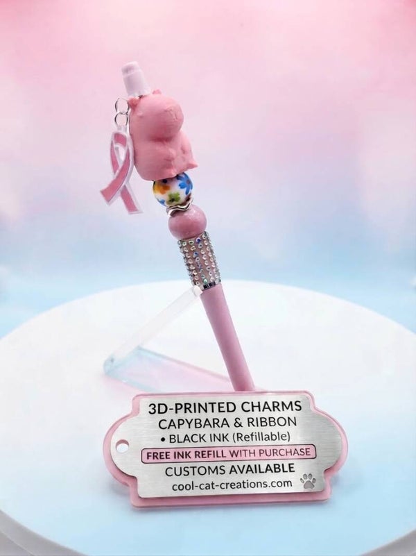 3D-Printed Capybara & Breast Cancer Awareness Ribbon Beaded Pen