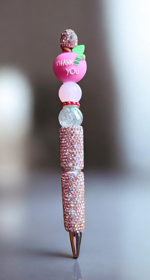 Sparkle & Gratitude – Double-Sided Pink Apple "Teacher" Beaded Pen