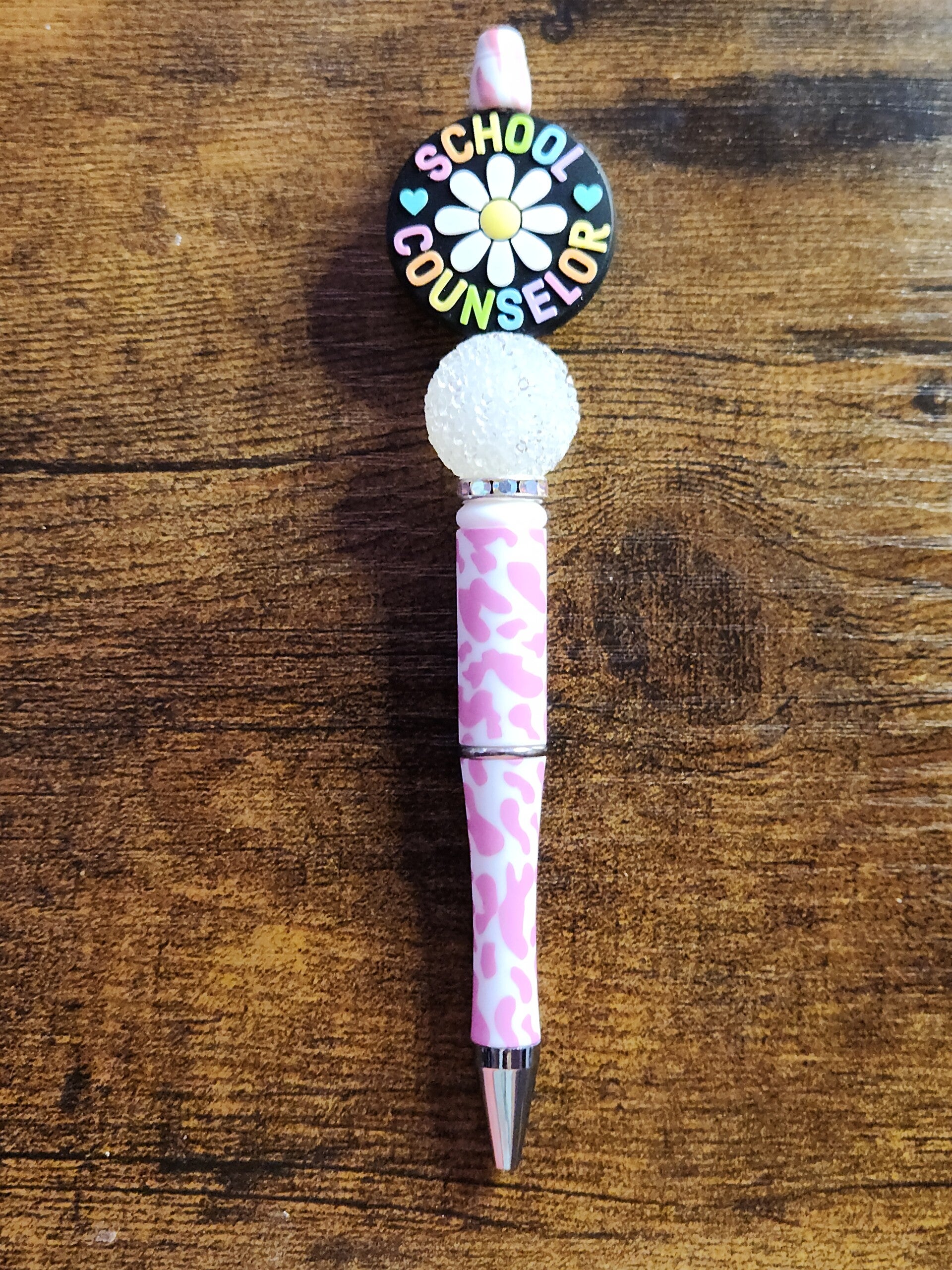 School Counselor" Custom Beaded Pen – Pink Cow