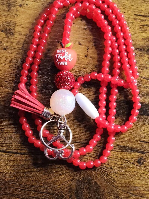 🍎 "Best Teacher Ever" Premium Beaded Lanyard with 3D Apple Accent