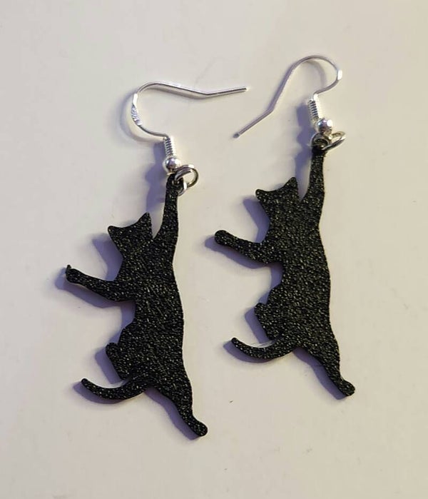 Hanging Black Cat Earrings | 3D Printed & .925 Sterling Silver