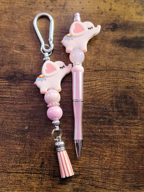 Sweet Elephant Duo: Beaded Pen & Matching Charm Bundle