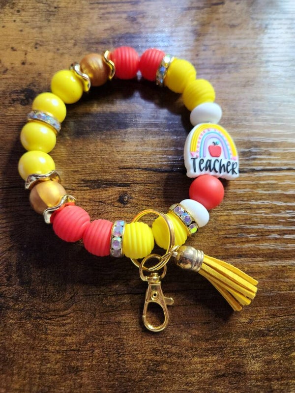 Teacher Rainbow Silicone Beaded Wristlet Keychain